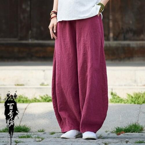 Women Harem Pant Hemp Bloomer Pants Casual Loose Trouser Cotton Linen Pleated Look Thin Pockets Wide Leg Pants