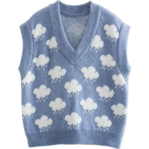 Za Womens Vest Sweaters Sweet Carton Cloud V Neck Sleeveless Sweaters Fashion 2021 Loose Mujer Pullovers Casual Waistcoat Tops