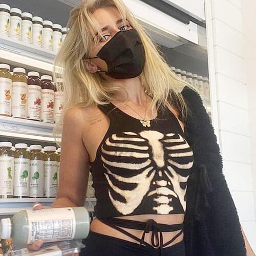 Womens Top Summer T-shirt Crop Sleeveless Ribbed Graphic Tops Light Yellow Skeleton Printed T Shirt Tee 90s Y2k Black Gothic