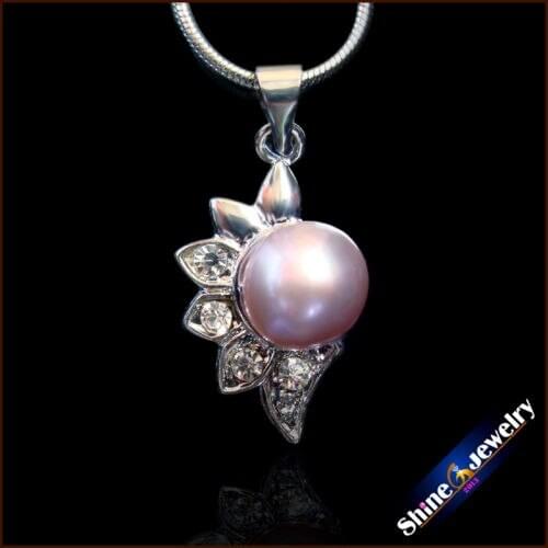 Natural Freshwater Pearl Fashion Jewelry New Silver Plated 8mm Round Purple Pearl Necklace & Pendants Beads for Women ZZ029