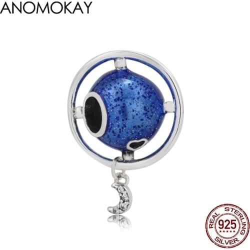 Anomokay Classic Sterling 925 Silver Star Moon Series Charm fit Bracelet Bangle Dark Blue Round Earth with Crystal Moon Beads