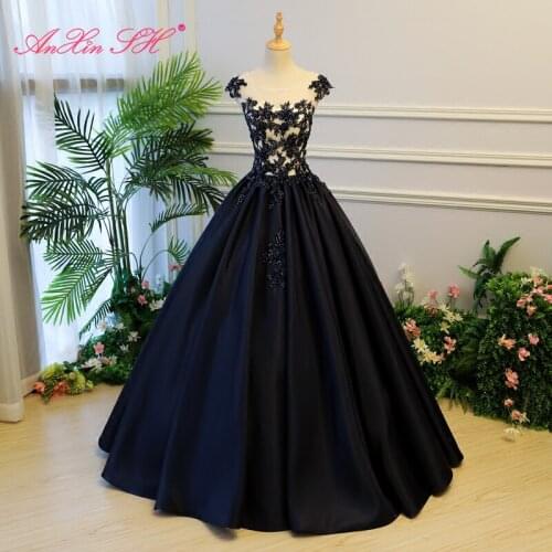 AXJFU princess navy blue lace flower evening dress luxury vintage beading crystal o neck flower sleeveless host evening dress