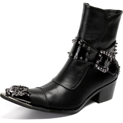 Gothic Punk Dress Cow Leather Boots for Men Casual Rivet Shoes Buckle Platform Boot Motorcycle Botas Masculinas Zapatos Hombre