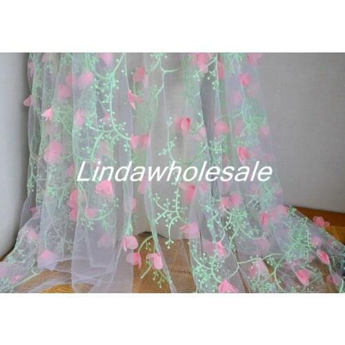 Colored chiffon flower lace fabric Clothing dress fabric Mesh embroidered lace Pink green Two-tone the flower cloth 130*100cm