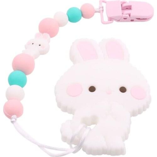 Cute Cartoon Rabbit Baby Teether Rodent Pacifier Pendant Clip Chain Food Grade Silicone BPA Free Newborns Teething Chew Bead Toy