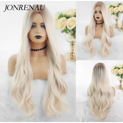 JONRENAU Long Synthetic Wavy Brown Root Ombre Platinum Cosplay Wigs for Black White Women High Temperature Hair Wigs
