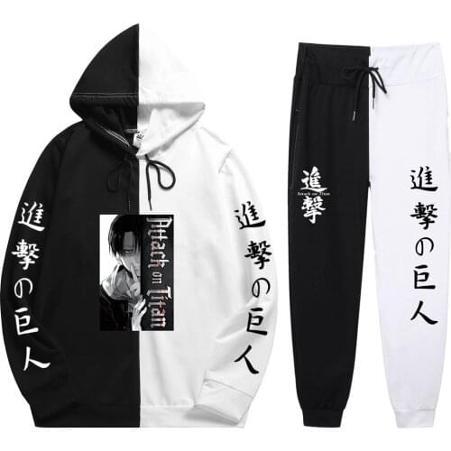 Fashion Unisex 2 Pieces Sets Anime Harajuku Brand Attack on Titan Print Patchwork Thin Hoodie+Patchwork Pants Summer