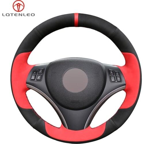 LQTENLEO Black Red Suede DIY Hand Sewing Car Steering Wheel Cover For BMW M Sport 1 Series E87 E81 E82 E88 120i 130i 120d X1 E84
