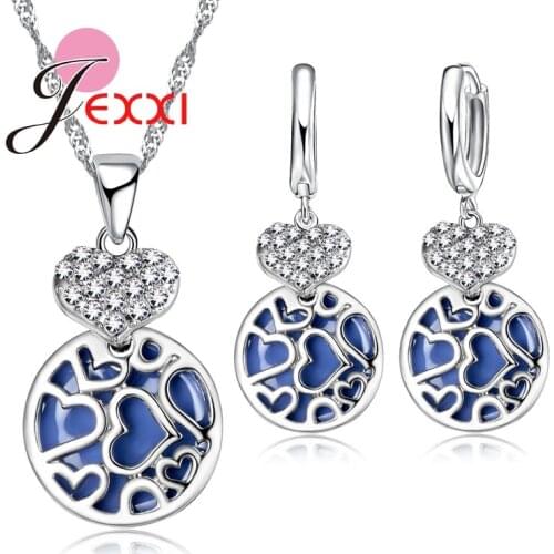 Hollow Out Heart Shape CZ Bridal Wedding Jewelry Sets For Women 925 Sterling Silver Pendant Necklace Earrings Set