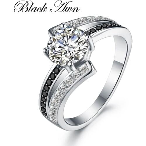 Black Awn Nouveau Classic 925 Sterling Silver Jewelry Row Black&White Stone Wedding Rings for Women Femme Bague C334