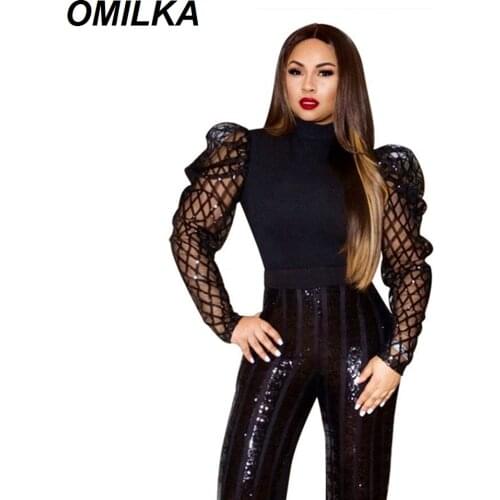 OMILKA Mesh Puff Sleeve Sequin Blouse Shirt 2020 Autumn Women Long Sleeve O Neck See Through Plus Size Club Party Blouse