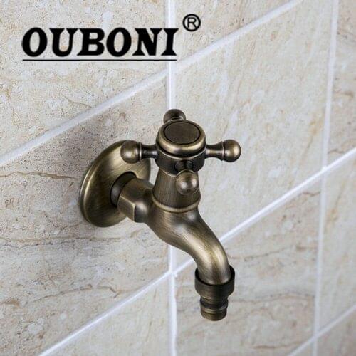 OUBONI Antique Brass Wall Mounted Mop Water Tap Garden Washing Machine Faucet Cold Cross Handle