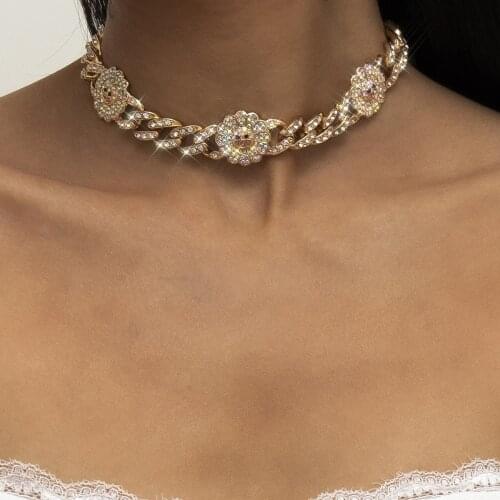 New Punk Hip-hop Sun Flower Full of Diamonds Cuban Necklace Collar Simple Adjustable Buckle Smiley 2021 Necklace Fashion Jewelry