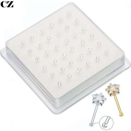 36Pcs/Lot 925 Sterling Silver Star Cubic Zircon Nose Pin Stud Straight End Nose Piercing Jewelry Shiny Stone Cute Romantic Gift
