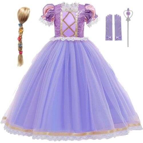 Girls Rapunzel Dress Princess Cosplay Costume Kids Fancy Sequins Purple Luxury Tangled Halloween Party Dress Girls Sofia Dress
