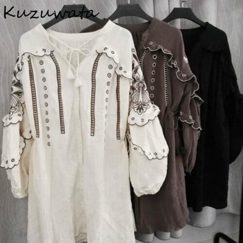 New Cute Loose Lantern Long Sleeve Women Dresses Chic Hollow Out Embroidery Dress Spring V Neck Drawstring Vestidos