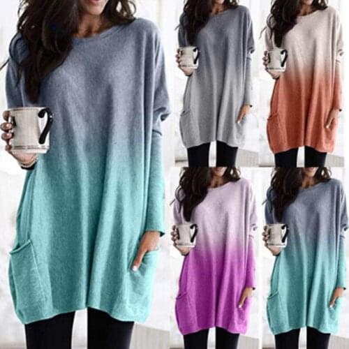 Women Casual Top O Neck Gradient Color Loose Pullover Blouse Pockets Long Tunic Top y2k Clothes Oversized 5XL T-shirt