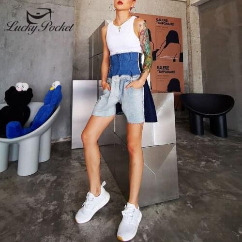Women Summer Fashion Streetwear Spliced Blue High Waist Shorts Ladies Casual Loose Denim Shorts Female High Street Shorts ML88