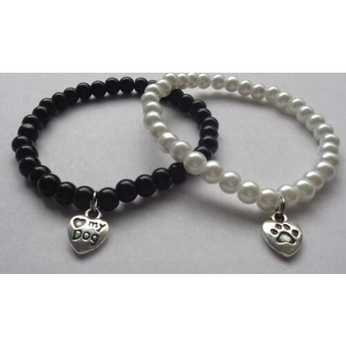 Vintage Silver Black White Pearl Bead Love Heart Dog Paw Charms Cuff Bracelet Anklets Bracelets Jewelry Women Accessories B435