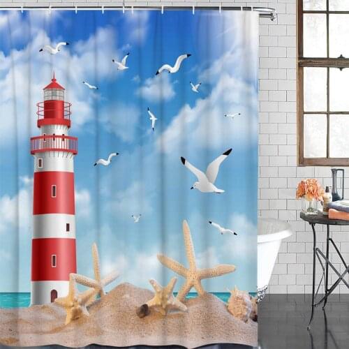 Waterproof Curtain Sea Beach Lighthouse Starfish Seagull Fabric Shower Curtain Home Bathroom Decor Christmas Shower Curtain