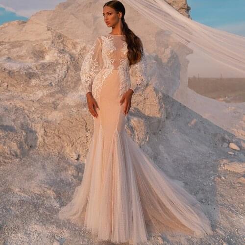 High-End O-Neck Lantern Full Sleeve Mermaid Wedding Dress Luxury Court Train Embroidery Appliques Tulle Lace Bridal Gown
