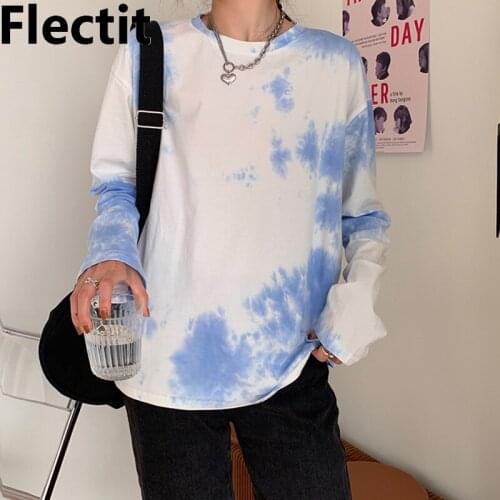 Flectit Womens Tie Dye Shirts Oversized T-shirt With Long Sleeve Blue Tie-dye T-shirt Cotton Cozy Tops & Tees