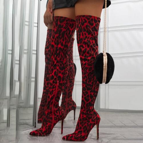 Ladies Sexy Thigh High Long Boots Women Leopard Over The Knee Boots 2020 Womens Pointed Toe Female Thin High Heels Female Shoes