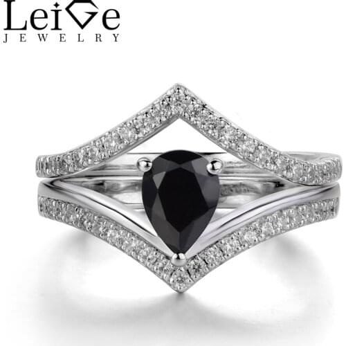 Leige Jewelry Natural Black Spinel Ring Sterling Silver 925 Wedding Engagement Rings for Women Pear Cut Gemstone Fine Jewelry