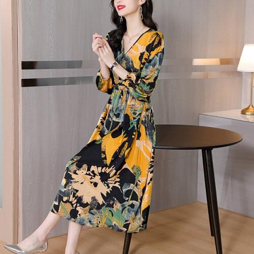 Spring Summer Boho Vintage Print Mulberry Silk Maxi Dress 2021 Loose 4XL Plus Size Chiffon Dress Elegant Women Bodycon Vestidos