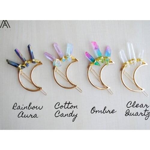 5PCS Gold Wire Wrapped Natural Quartz Point Hair Clip Pins Tiara For Women Crystal Moon-Shape Barrette Hair Jewelry HG029AMD.H