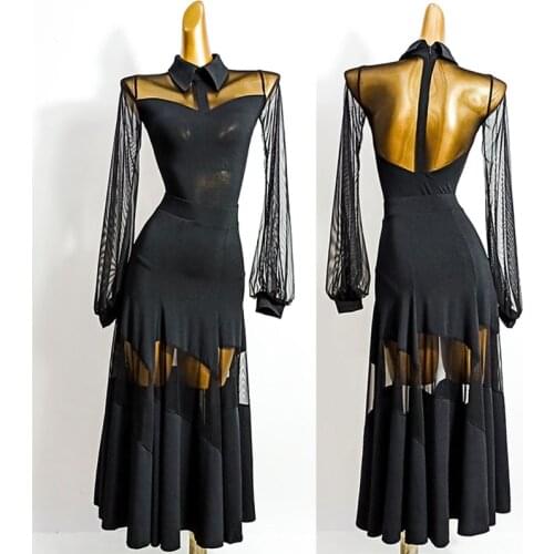 Ballroom Dress Black Sexy Perspective Mesh Standard Dance Dresses Waltz Stage Wear Flamenco Festival Clothing Rave Outfit DN5933