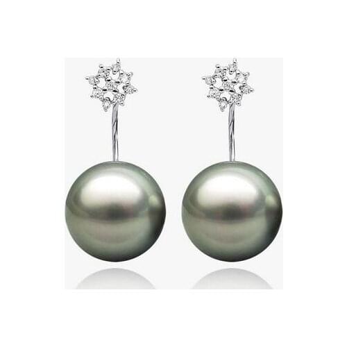 Free Shipping Gorgeous AAA 10.9mm Silver Green Tahitian Pearl Diamond Earrings 18k White Gold