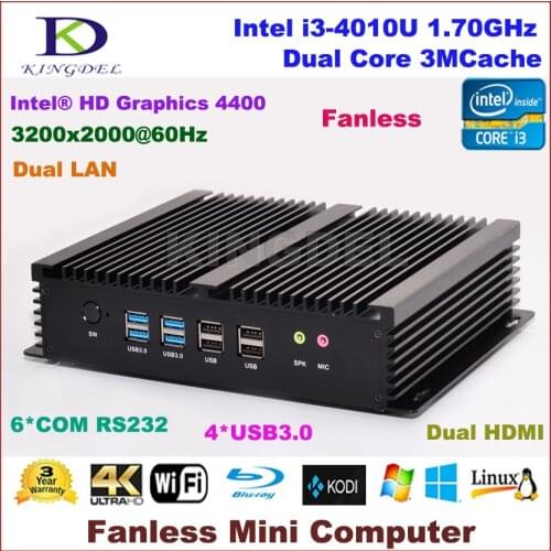 8G RAM+128G SSD Fanless computer Intel Core i3 4010U mini desktop pc,2 HDMI 6 COM WiFi,dual lan,Windows os