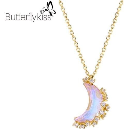 BK 925 Sterling Silver Moon Pendant Necklaces For Women Girl Unique Design Wedding Engagement Jewelry Blue Quartz White Zircon