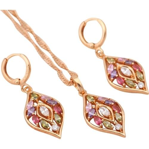 Factory price Elegant Color Crystal Zirconia leaf Gold tone Health Nickel & Lead free Earring Necklace Jewelry Set JS325A
