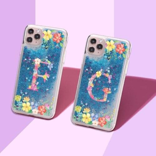 Custom Initials Name A to Z Flower Sparkle Liquid Real Glitter Phone Case Cover For iPhone 12 11 X XS XR Max Pro 8 7Plus 8Plus 6