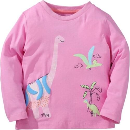 Jumping Meters Girls T-shirt Autumn Cartoon Dinosaur Paradise Pattern Casual Crew Neck for Long Sleeve Top Pink Clothes 2-7years