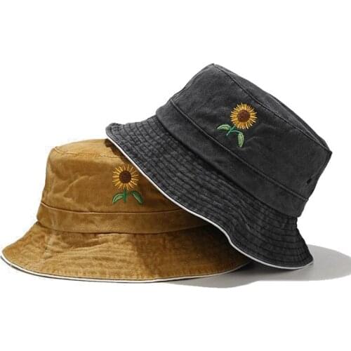 Embroidery Sunflower Washed Fishing Hunting Cap Outdoor Beach Fisherman Cap Panama Womens Bucket Hat K Pop Bob Chapeau