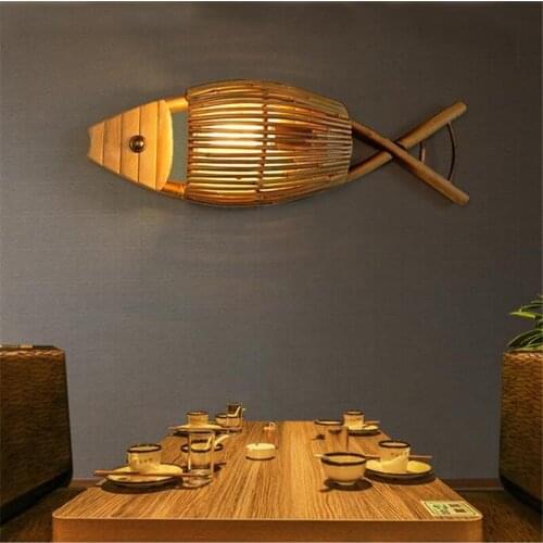 Chinese Country Style Handmade Creative Bamboo Fish Led E27 Wall Lamp for Restaurant Bar Aisle Living Room Childrens Room