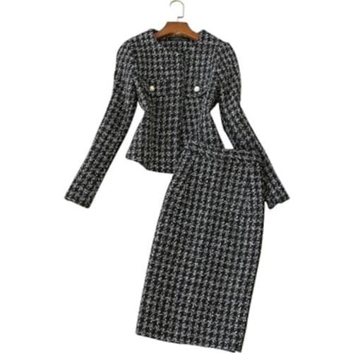 Fashion Plaid suit women Autumn New womens professional suit female rough coat + high waist woolen skirt two sets of women
