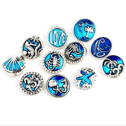 Navy Ocean Marine Life 18mm Snap Button Shell Starfish Patterns Beach Style Ginger Snaps DIY Bracelets Necklace Jewelry