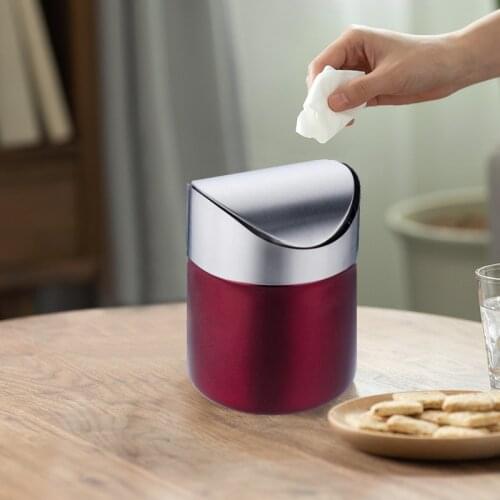 Stainless Steel Trash Bin Desk Mini Car Dust Trash Bin Countertop Waste Can With Swing Lid Kitchen Worktop Waste Rubbish Can