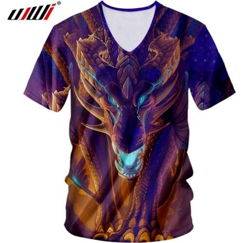 UJWI Mens Casual Tshirt With V Neck Print Monster Dragon 3D T-shirt Homme Compression Shirt Short Sleeve Fitness T Shirt Tops