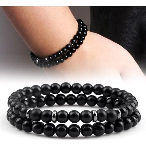 2pcs/set Men Beaded Bracelet 6mm Natural Tiger Eye Stone Obsidian Stretch Strand Bracelets & Bangles Women Yoga Jewelry pulseras