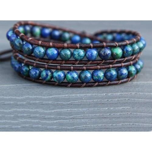 Natural Stone Malachite Beaded Wrap Bracelets Bohemian 2Layers Azurite Leather Wrap Bracelet Noble Jewelry Amulet Mujer Bijoux