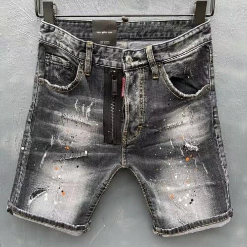 2021 New Dsquared2 Denim Shorts Fashion Washable Hole Patch Elastic Stitching Zipper Decoration Five-Point Shorts