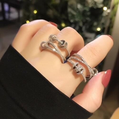 2021 New Contracted Double Geometric Modelling Opening Rings Fashion Temperament Senior Shiny Crystal Women Adjustable Rings