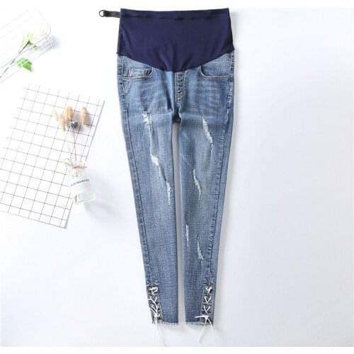 Hole Casual Bandage Maternity Washed Jeans Skinny Pregnant Soft Denim Pants Adjustable Belly Pregnancy Ankle Length Trousers