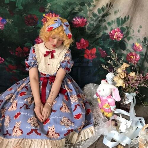 Harajuku Sweet Japanese Lolita *wish cat* Kawaii Printing Dress Girls Kawaii Bow Party Blue/Green Princess Tea Party Dresses