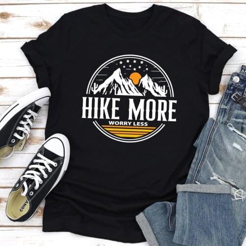Hike More Worry Less Colored Print T-shirt Vintage Mountains Hiking Tshirt Casual Women Short Sleeve Graphic Adventure Top Tee